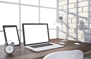 3D illustration laptopand work stuff on table near brick wall