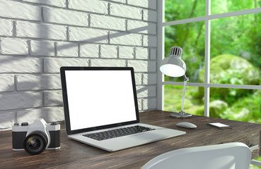 Fototapeta premium 3D illustration laptopand work stuff on table near brick wall
