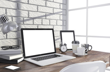 Fototapeta premium 3D illustration laptopand work stuff on table near brick wall