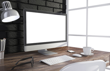 Fototapeta premium 3D illustration PC screen on table in office, Workspace