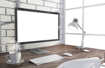 Fototapeta premium 3D illustration PC screen on table in office, Workspace