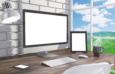 Fototapeta premium 3D illustration PC screen on table in office, Workspace