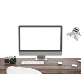 Fototapeta premium 3D illustration PC screen on table in office, Workspace