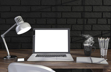 3D illustration laptopand work stuff on table near brick wall