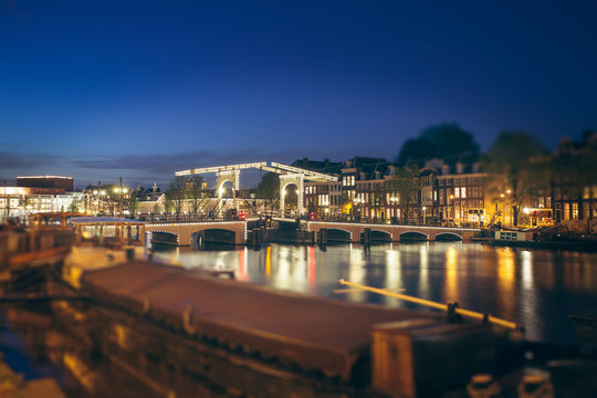 Tilt shift image of skinny bridge in Amsterdam, the Netherlands