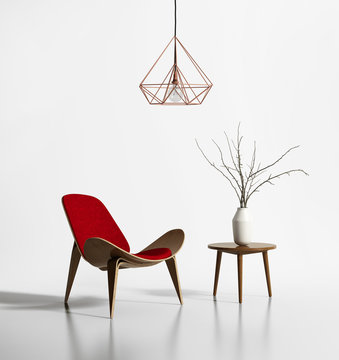 Modern red chair with a himmeli diamond lamp