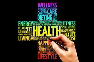 Health word cloud, health cross concept