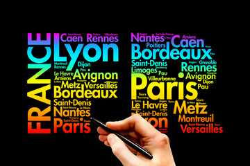 FRANCE abbreviation letters with cities names words cloud