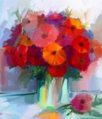  Oil painting red gerbera flowers in vase