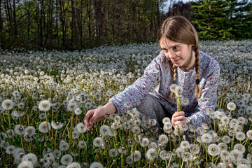 Girl Enjoying the Beauty of Spring Nature on Field of Dandelions