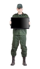 Security officer shows monitor.