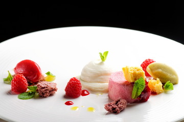 Fine dining dessert, Raspberry Parfait, ice cream