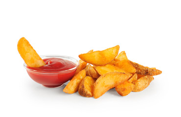 Fried potatoes and ketchup.
