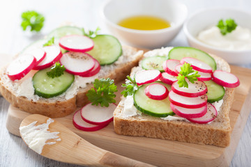 healthy sandwich with radish cucumber and cream cheese
