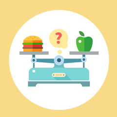 Apple and hamburger on scales