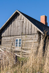 Vintage wooden country house and hedge, reed on front