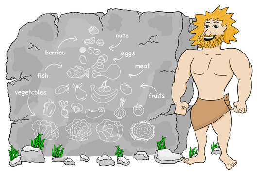 Cave Man Explains Paleo Diet Using A Food Pyramid Drawn On Stone