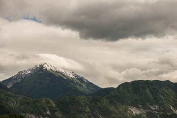 Mountain range, snow covered peak