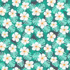 Hibiscus Flowers and Palm Leaves Seamless Pattern