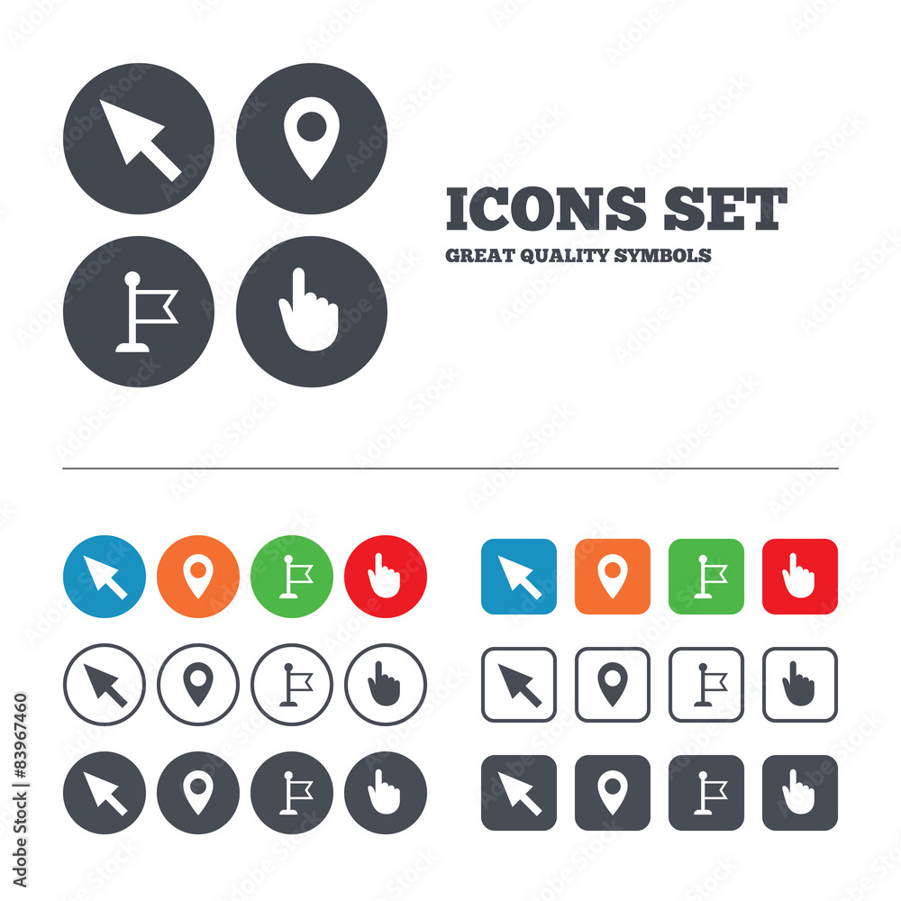 Poster mouse cursor icon. hand or flag pointer symbols.