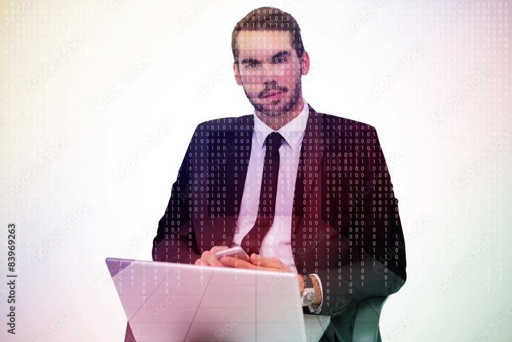 Poster composite image of cheerful businessman using laptop