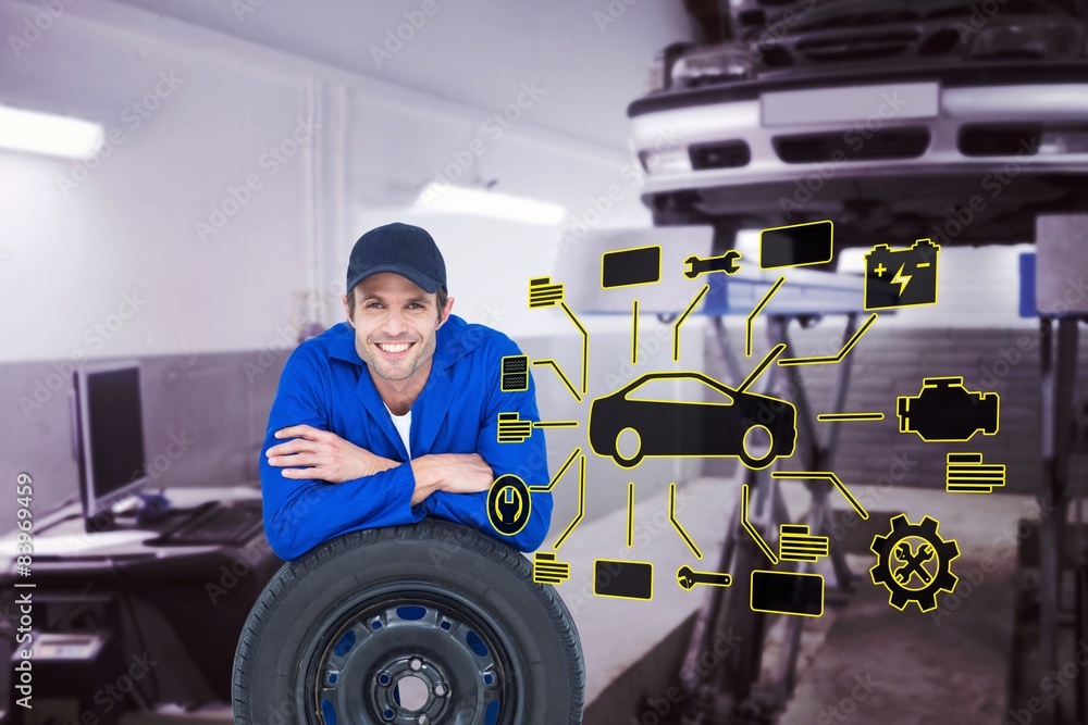 Poster composite image of handsome mechanic leaning on tire