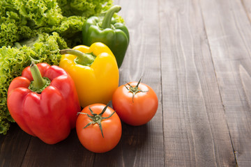 Vegetables on wooden backgorund, Organic food background.
