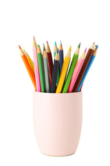 Fototapeta premium Colorful pencils in cup isolated on white