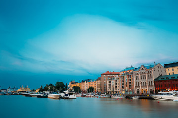 Fototapeta premium Embankment In Helsinki At Summer Evening, Finland. Town Quay