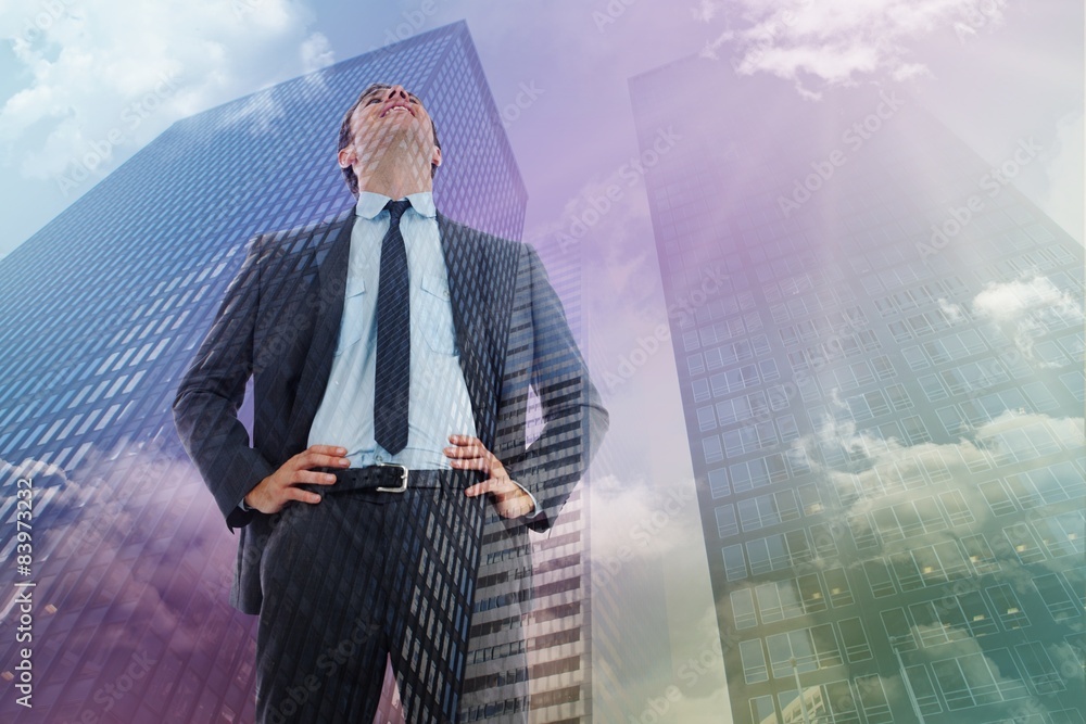 Poster composite image of happy businessman with hands on hips