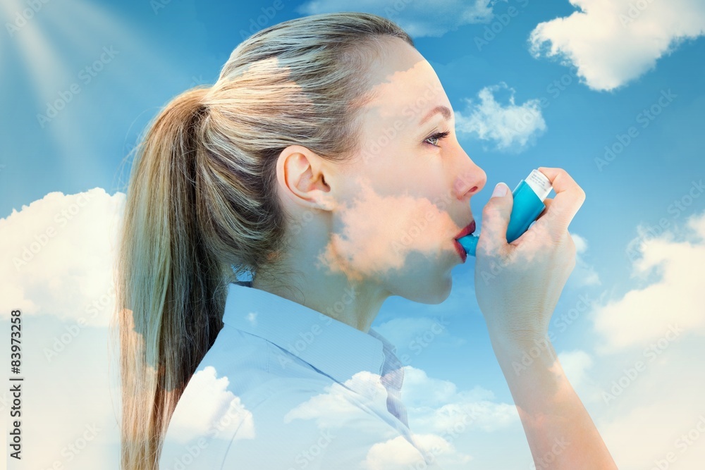Poster Composite image of pretty blonde using an asthma inhaler