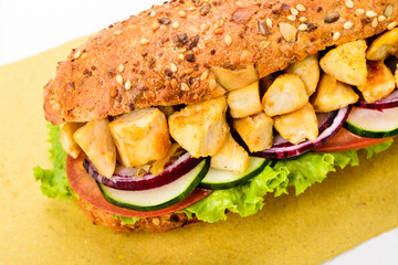 Hot sandwich with chicken and vegetables , close-up