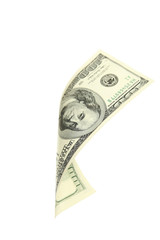Hundred dollar bill falling on white background