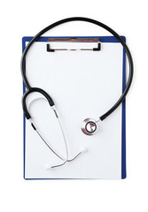 Stethoscope with tablet for notes on white background