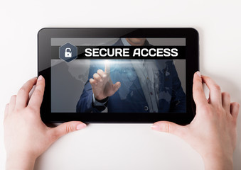 Girl holding a tablet pc which a man presses the virtual screen