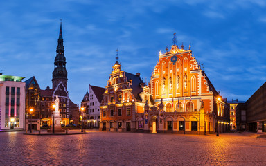 Obraz premium Panorama Riga Town Hall Square with House of the Blackheads, St.