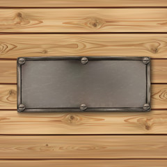 Vintage, old metal banner on realistic wooden boards.