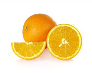 Whole orange fruit and his segments or cantles isolated on white