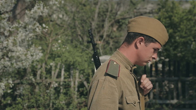 Joyful meeting of young soldiers after the war