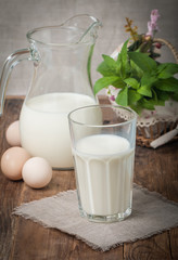 Glass jug and glass with milk