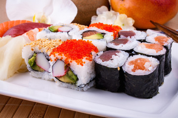 Delicious sushi with caviar wasabi