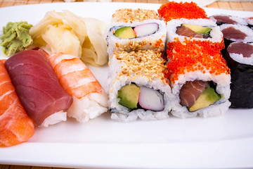 Delicious sushi with caviar wasabi