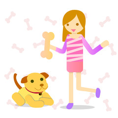 Cute girl with Dog/ a girl bring a bone to cute dog