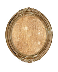 Golden oval photo frame with old brown canvas inside.Isolated.