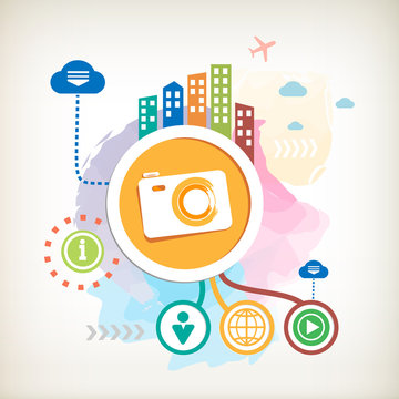 Photo camera and city on a colorful watercolor background with d