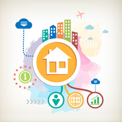 House and city on abstract colorful watercolor background