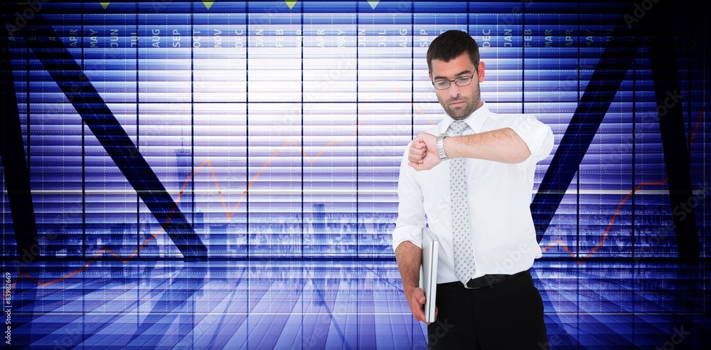 Poster composite image of serious businessman checking his watch