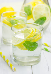 Homemade lemonade with fresh lemon and mint