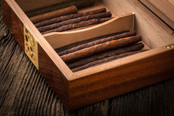 humidor with quality cigar and cognac
