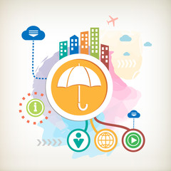 Umbrella and city on abstract colorful watercolor background